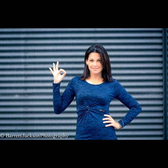 Blue fitted knee length dress, cut out in front - Picture 1 of 4